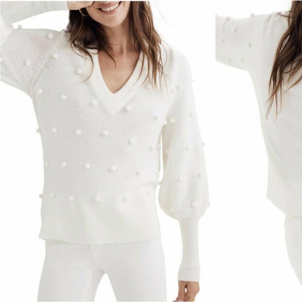 Madewell White V-Neck Sweater with Pom Pom Accents